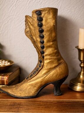 Vintage Gold Victorian Boot Sculpture | Button-Up Shoe Decor | Cast Resin Art